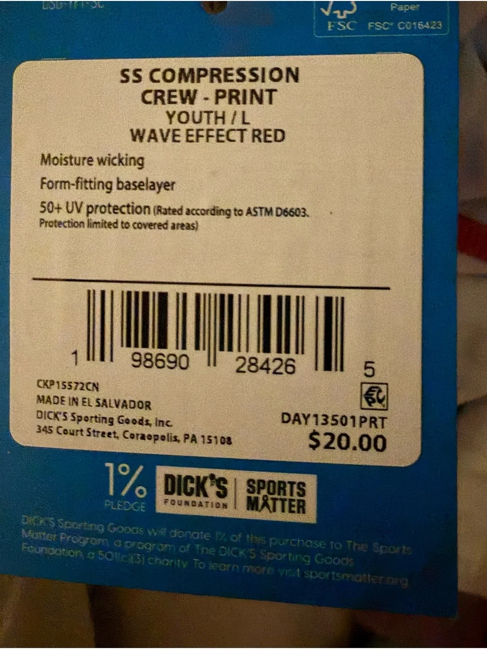 Dick’s DSG Boy’s Compression Top 14-16 Large